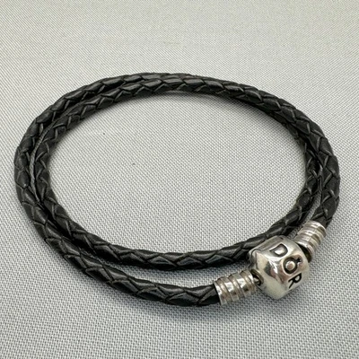 Pandora 13.8" Doble Cuero Negro Pulsera Dije/Cuentas Plata 925 590705CBK-D1 Foto 1 de 4
