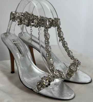 Manolo Blahnik Women's Open Toe Silver Jewel Heeled Sandals EUR Size 40 US Sz 10 - Image 1 of 4