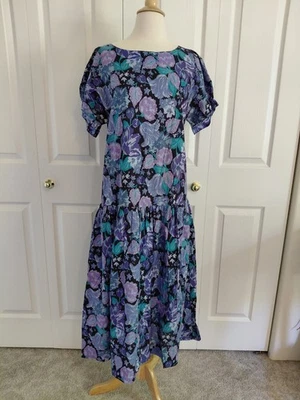 Vintage 1980s Laura Ashley Purple Floral Drop Waist Dress Cotton Large - Image 1 of 4