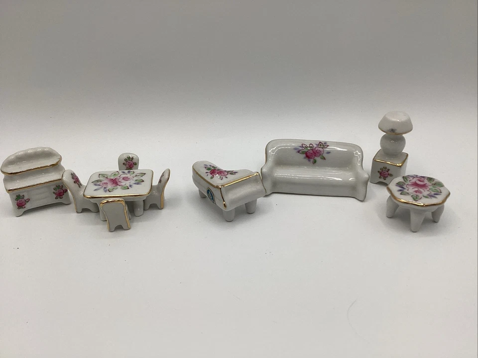Vtg Dollhouse Miniature Ceramic/Porcelain White Floral Furniture Set of 10 Japan - Image 1 of 1