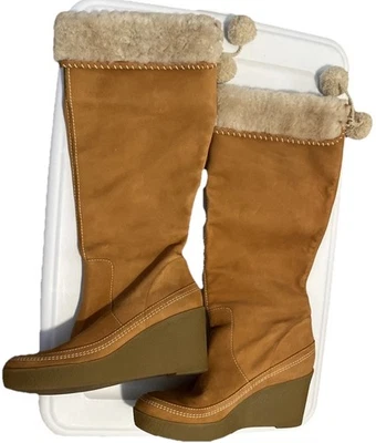 Juicy Couture Size 8M Chestnut Brown BOHO Tall Suede Boots Fur Trim Wedge Heel - Image 1 of 4