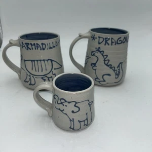 Juego de 3 tazas hechas a mano - Elefante pintado, armadilla y dragón con animal en el interior - Imagen 1 de 9