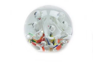 Glass Paperweight White Flowers Multi Color Leaves Bubbles 3.25" - Picture 1 of 3