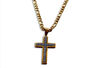 Edelstahl Halskette Ø 5mm 60cm mit Kreuz Anhänger 41 x 25mm in Gold (1463-5) - Bild 1 von 1