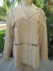 White Stag XL Tan Genuine Leather Jacket Lace Trim Western Button Front - Picture 1 of 8