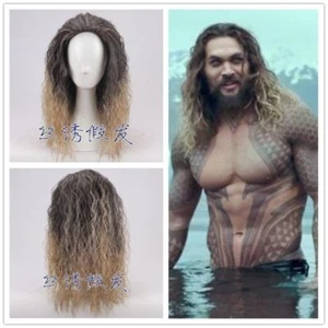 2018 Justice League Cosplay Aquaman Wigs Brown Curly Wave Wig Halloween Props - Picture 1 of 5