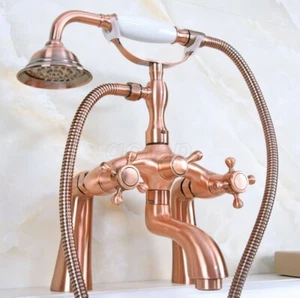 Red Copper Deck Mount ClawFoot Bath Tub Faucet Mixer Tap w/ Handheld Shower - Bild 1 von 7