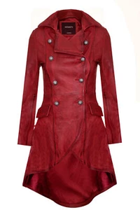 Women's Gothic Red Leather Coat Edwardian Victorian Flare Goth Punk Jacket - Picture 1 of 4