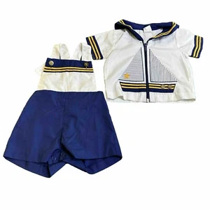 Vintage Sailor Boy 6-9 Months 2 Piece Outfit Full Zip Shirt Pants w/Straps Navy - Picture 1 of 9