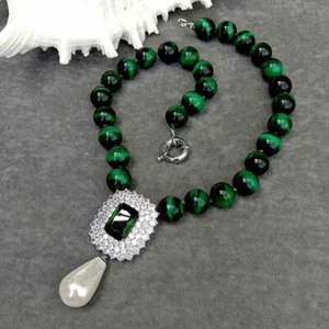 Tiger Eye Necklace Cubic Zirconia Pave Shell Pearl Pendant For Women Necklace - Picture 1 of 6