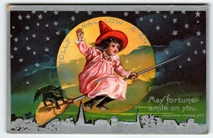 Halloween Postcard Fantasy Witch On Broom Passes Full Moon Silver Black Cat AMP - Picture 1 of 3