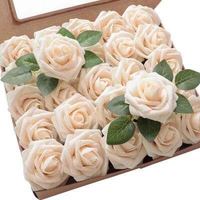 Flores artificiales 25 piezas Rosas falsas de espuma crema de aspecto real con tallos para hágalo usted mismo... Foto 1 de 4