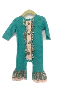 Ricrac & Ruffles 12M Romper Teal with Light Pink Long Sleeve. - Picture 1 of 3