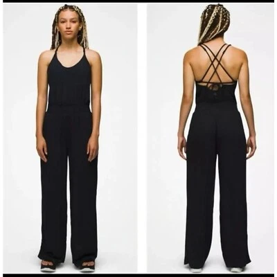 Prana Fernie Wide Leg Jumpsuit Swim Cover Crinkle Pockets Strappy Black L - Imagem 1 de 4