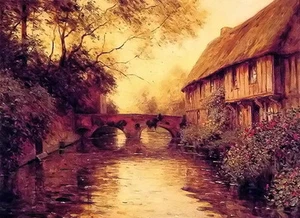 Oil painting house by the river landscape at sunset dusk free shipping for all @ - Bild 1 von 1