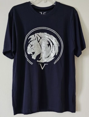 19V69 ITALIA Sequin Lion Navy Blue Men's Fashion T-Shirt L Designer Casual - Image 1 of 4
