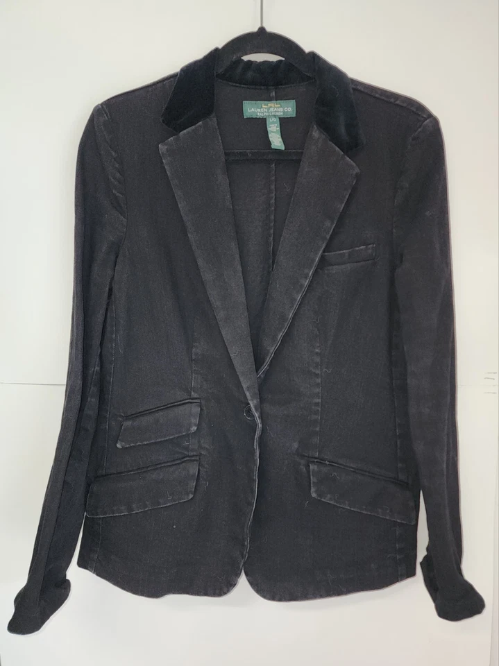 LAUREN Ralph Lauren | Velour Black Denim Blazer Jacket | Size: Large - Image 1 of 4