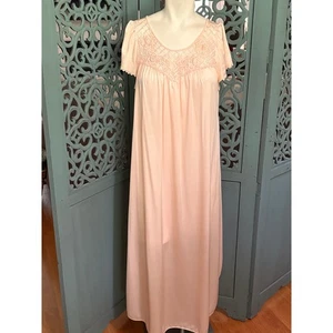 Damen Vintage Shadow Line Long Negligee-Apricot-Rosenapplikation-Flatterärmel-M - Bild 1 von 6