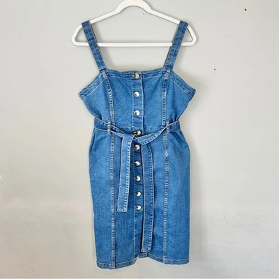 Vestido midi jeans azul H&M com cinto frontal com botão NOVO 10 NOVO COM ETIQUETAS - Imagem 1 de 4