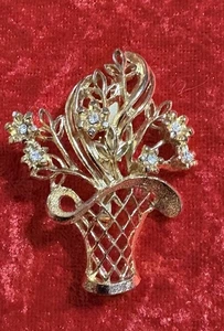 Vintage Brosche Anstecknadel Blumenkorb goldfarben sehr detailliert - Strass Statement - Bild 1 von 2