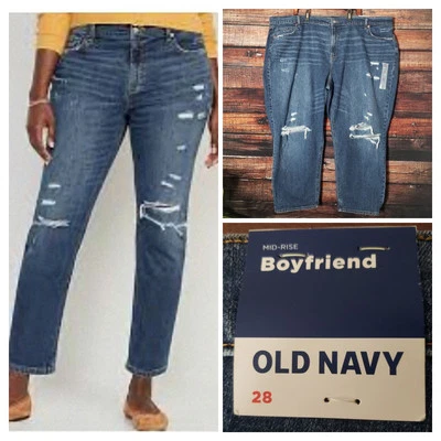 Old Navy Jeans Plus Size 28 Mid Rise Boyfriend Ankle Distressed Stretch NWT - Image 1 of 4
