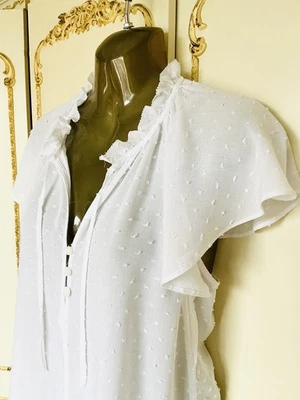 H&M Size 6, 8, 10, Pretty Pure White Spotted Cotton Voile  Tunic Blouse Top VGC - Image 1 of 4