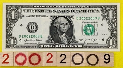 2002 2009 Tombstone Year Note Near Binary Fancy Serial Number $1 Dollar Bill FRN - Image 1 of 4