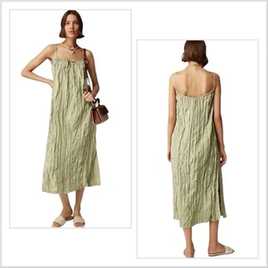Maxi Vestido J.Crew Arrugado Abertura Lateral MIDI Natural Verde Pálido Talla XS Solero - Imagen 1 de 8