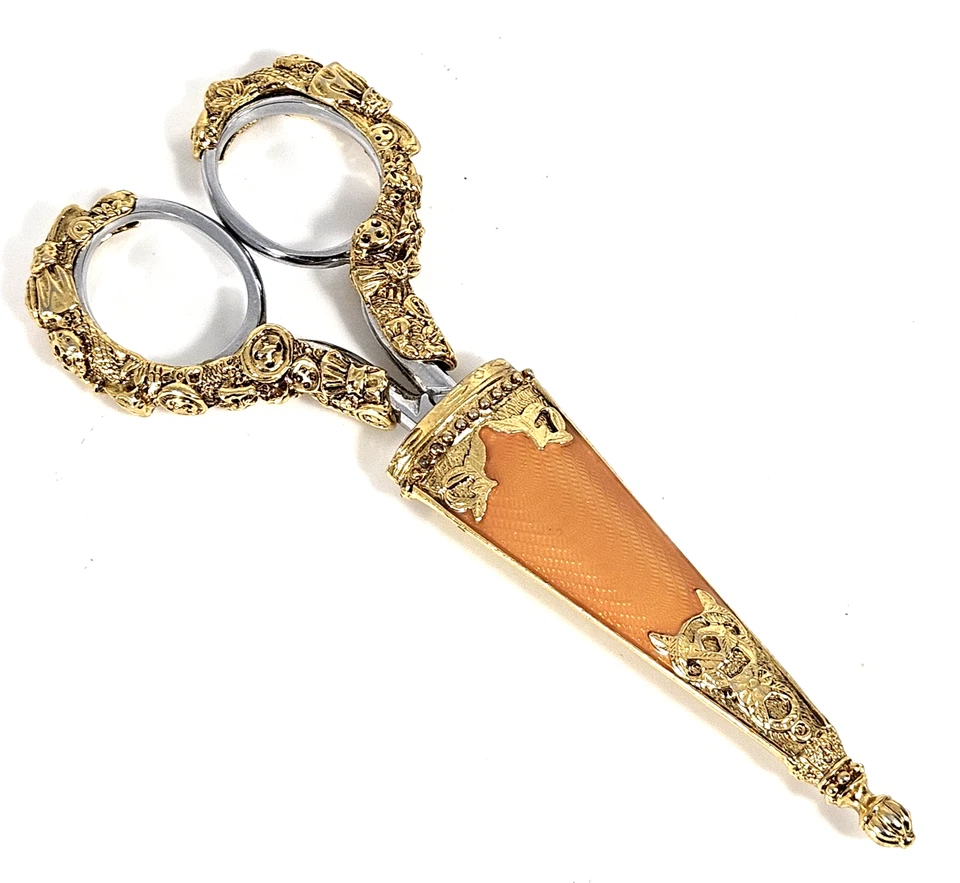 1928 Ornate Gold Tone Embellished Sewing Scissors w/ Sheath 4" Vintage Style - Image 1 of 4