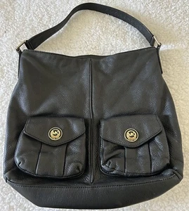 Michael Kors Black Pebbled Leather Hobo Shoulder Bag With 2 Outer Snap Pockets - Picture 1 of 24
