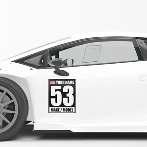 2 pcs Track Day Racing Numbers Sticker - Custom Name Make Model Flag Vinyl Decal - Foto 1 di 9