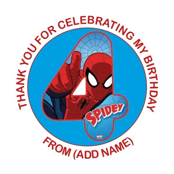 24 x Personalised for Spiderman age 4 Birthday Stickers, sweet cones, party 45mm - Image 1 of 1