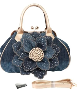 Kilofly Women's Large Flower Denim Satchel Hand And Shoulder Bag + Money Holder - Picture 1 of 15