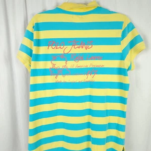 Polo Jeans Ralph Lauren Boys XL Blue Yellow Striped Polo Shirt Logo Graphics - Picture 1 of 7