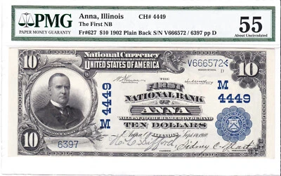 $10 1902 PB National ANNA Illinois IL 🇺🇸 PMG 55 About Uncirculated! 🇺🇸 - Image 1 of 2