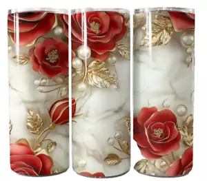 3D Effect Red Roses Gold Pearl Floral 20oz Tumbler Insulated Travel Mug - Picture 1 of 3