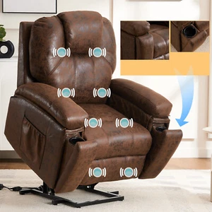 Power Lift Recliner Chair with Massage Elderly Overstuffed Wide Recliners Brown - Picture 1 of 11
