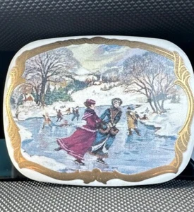 Vintage NOS Victorian Scene Of Ice Skaters With Gold Edging Brooch-White - Picture 1 of 5