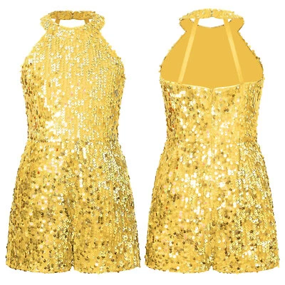 Girls Dance Costume Shiny Sequined Halter Sleeveless Latin Jazz Leotard Jumpsuit - Image 1 of 3