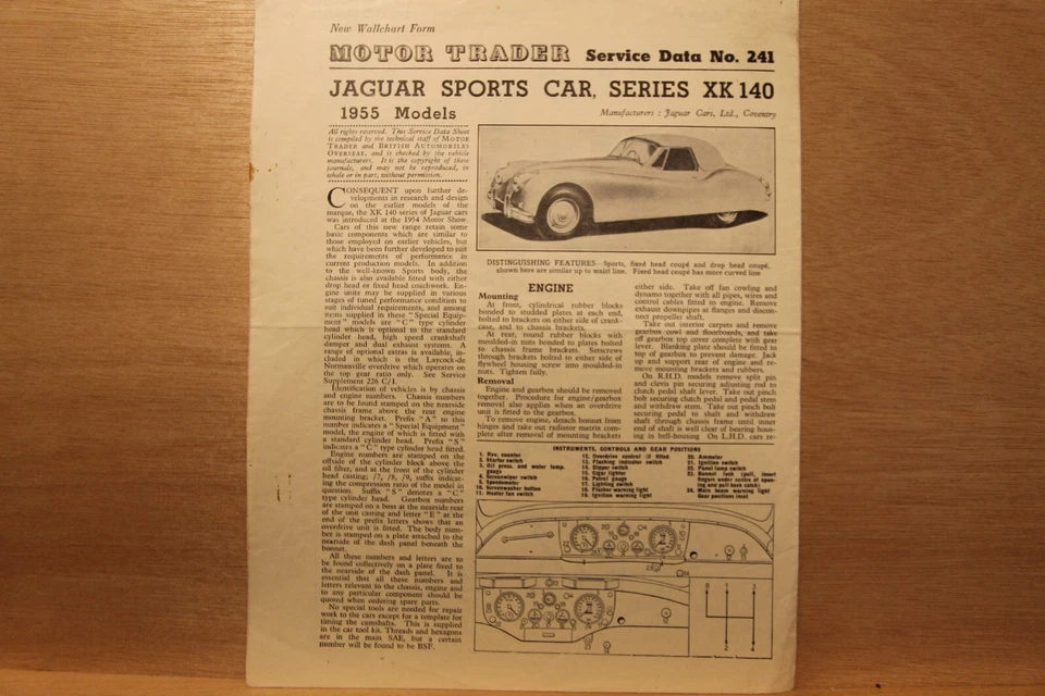 Datos de servicio originales JAGUAR XK140 1955 Motor Trader No. 241 Foto 1 de 1
