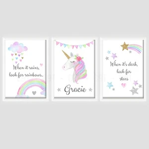 Girls Rainbow Unicorn Star Personalised PRINTS ONLY A4 Nursery Room Pink Girly - Picture 1 of 2