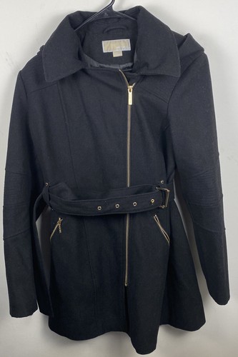 Cappotto trench donna Michael Kors cappuccio nero misto lana zip taglia 12