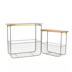 Wall Mounted Recycled Wood Shelf Wire Mesh Storage Basket Set Two Hanging Bin - Picture 1 of 2