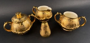 Vintage Gold Coffee Tea Creamer Sugar Bowl Pepper Shaker Porcelain Lot of 4 - Picture 1 of 19