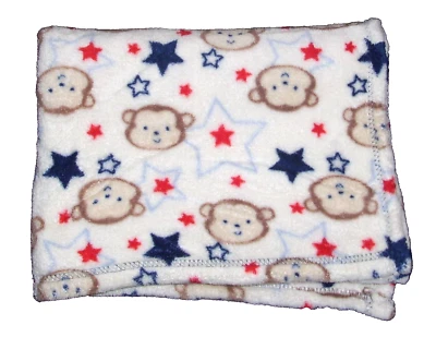 Baby Gear Monkey Face Stars Blanket Red Blue Soft Security Lovey  30x40" - Image 1 of 2