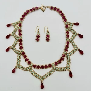Vintage Indien Bali Schmuck rosa blau rot goldfarben Perlen Halskette Ohrring Set 17,5" - Bild 1 von 5