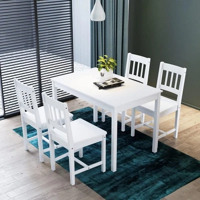 Solid Pine Wood Dining Table Set 5pcs White Kitchen Chairs Rectangular - Image 1 of 4