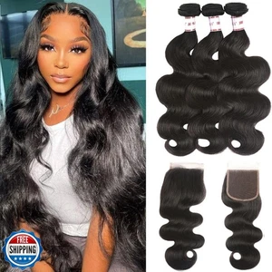 Extensiones de cabello humano brasileñas Body Wave 3 paquetes con cierre 100 % sin procesar - Imagen 1 de 5