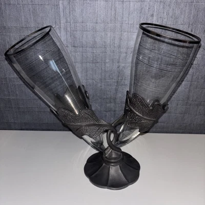 Rare Oak Tree 2x Pewter Drinking Horn Stands and Ornaments - Image 1 of 4