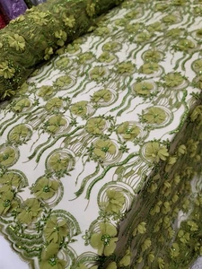 Olive Green 3d Lace Embroidery Beaded Floral Fabric Sold By The Yard For Dress - Picture 1 of 14